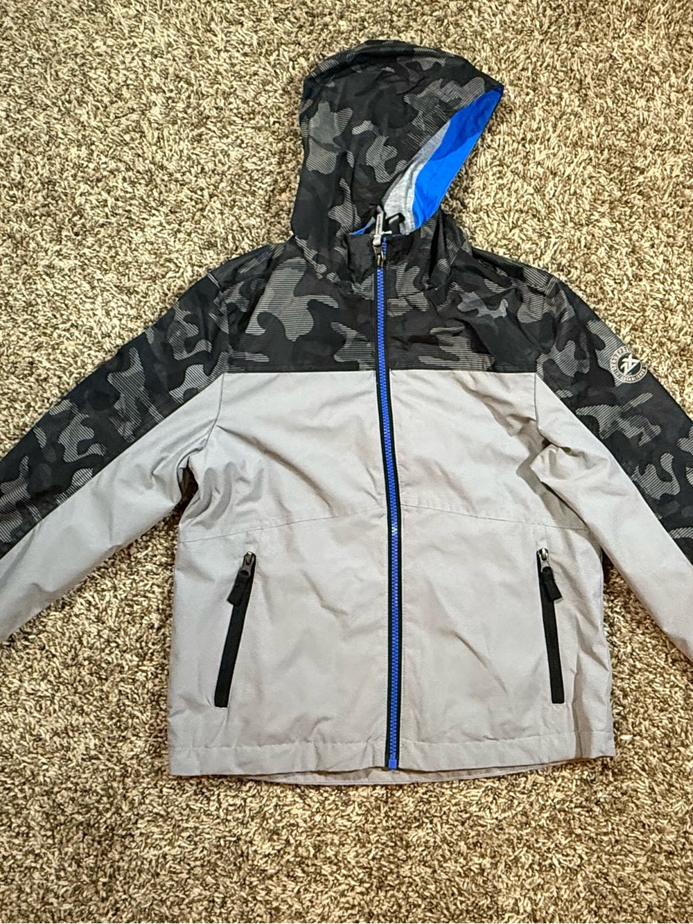 ZeroXposur Boys' Gray Camo Hooded Rain Jacket with Blue Trim